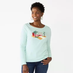 Women's Croft & Barrow® Holiday Long Sleeve Graphic Tee -Outlet Christmas Store 3913731 Mint Palm Warm Wishes