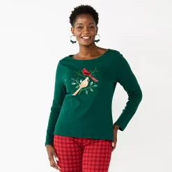 Women's Croft & Barrow® Holiday Long Sleeve Graphic Tee -Outlet Christmas Store 3913731 Olive Cardinal
