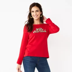 Women's Croft & Barrow® Holiday Long Sleeve Graphic Tee -Outlet Christmas Store 3913731 Red Feliz Navidad