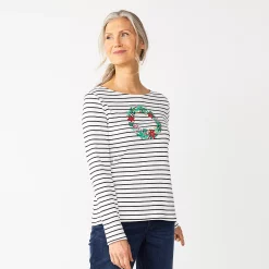Women's Croft & Barrow® Holiday Long Sleeve Graphic Tee -Outlet Christmas Store 3913731 White Stripe Wreath