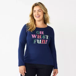 Plus Size Croft & Barrow® Holiday Motif Graphic Tee -Outlet Christmas Store 5726116 Navy Oh What Fun