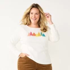 Plus Size Croft & Barrow® Holiday Motif Graphic Tee -Outlet Christmas Store 5726116 Rainbow Trees